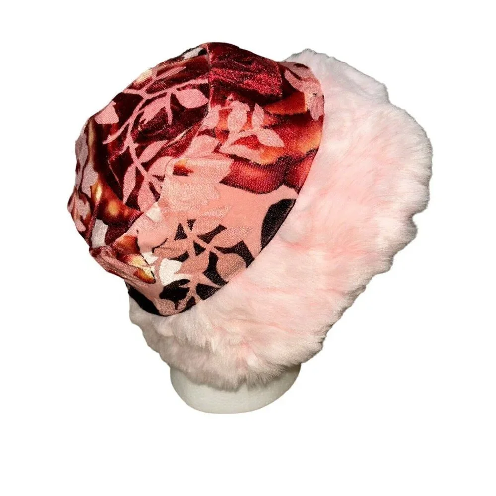 Bebemonde Girl's L Large Bucket Hat Velvet Faux Fur Trim Floral Print NWT